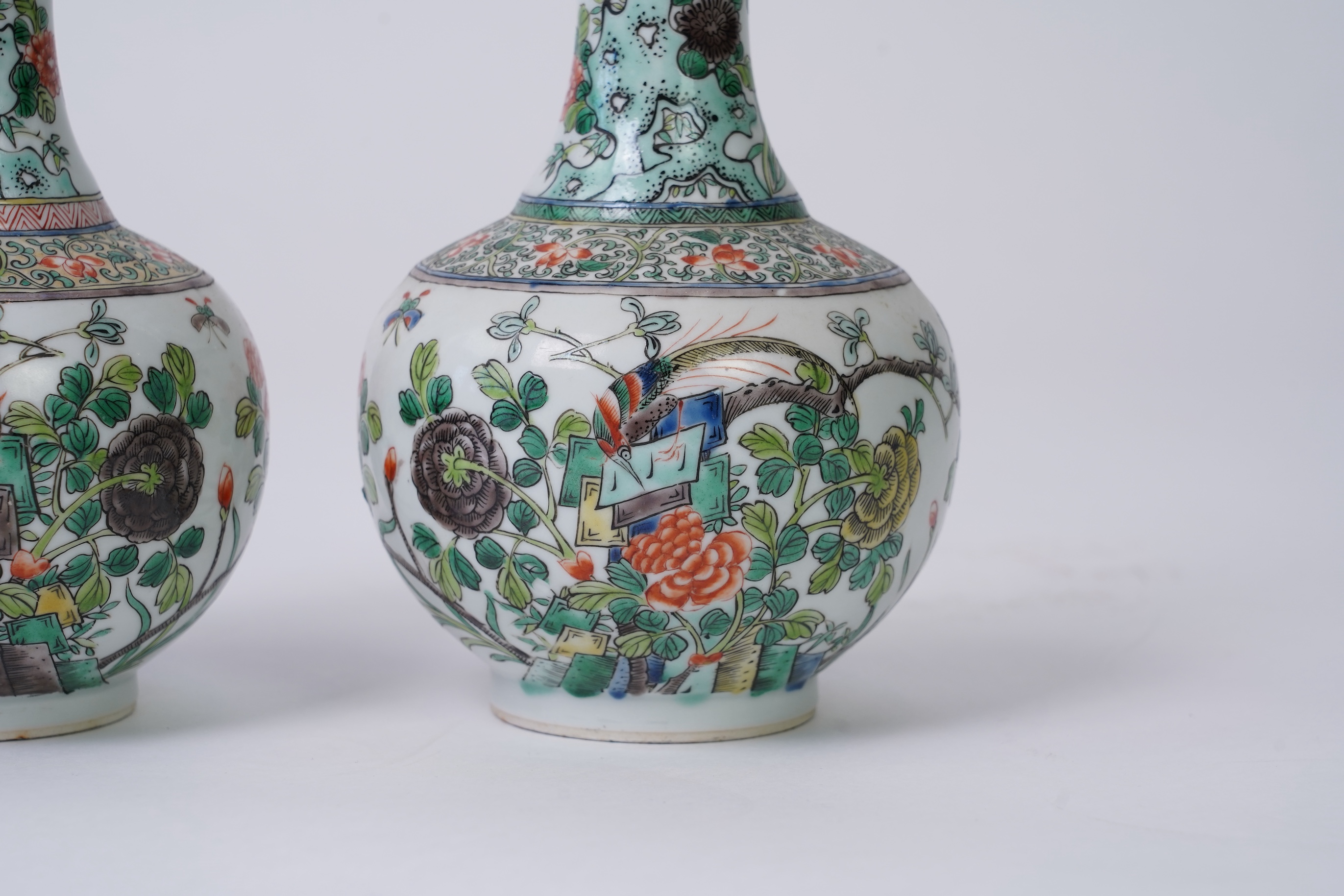 A pair of Chinese famille verte bottle vases, early 20th century